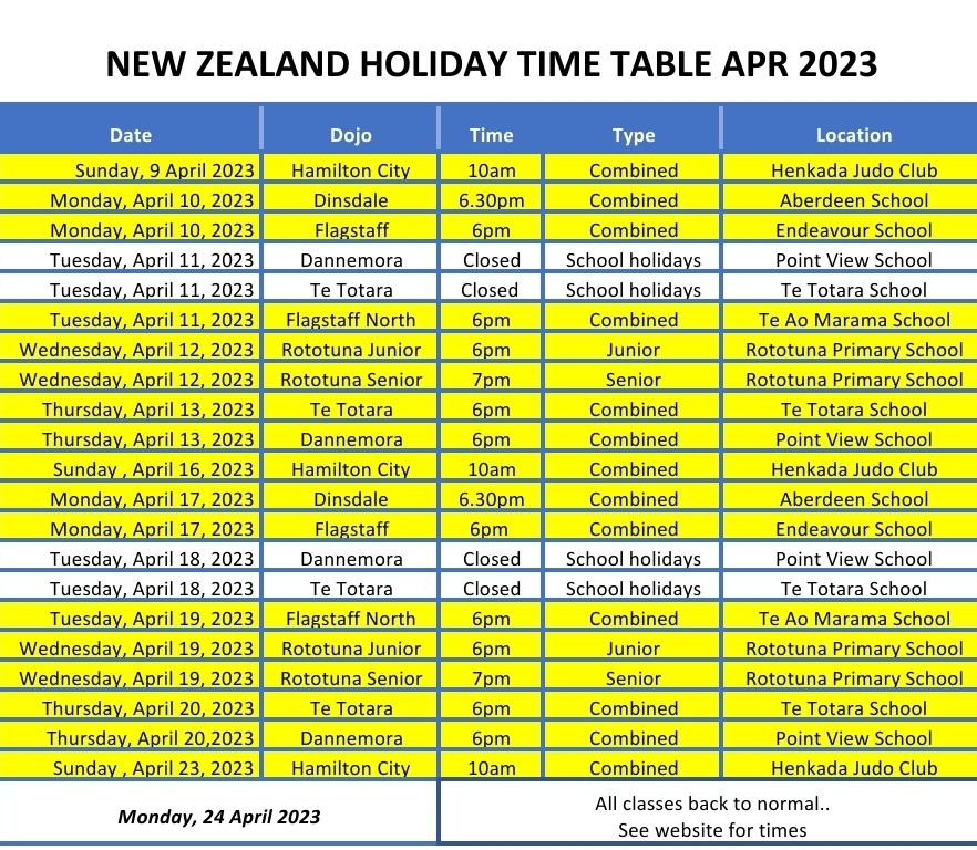 New Zealand School Holiday Timetable Taekidokai NZ